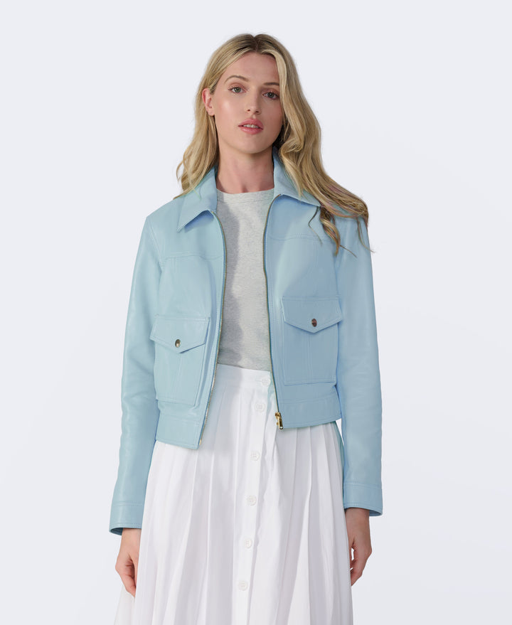 Light blue leather jacket on model
