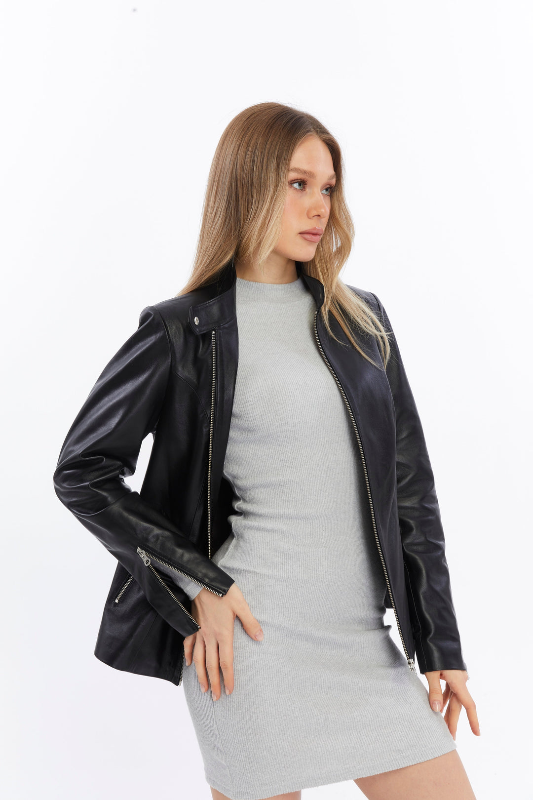 Woman wearing black leather jacket