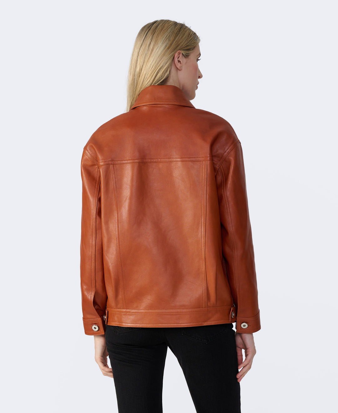Back view of cognac leather shirt jacket
