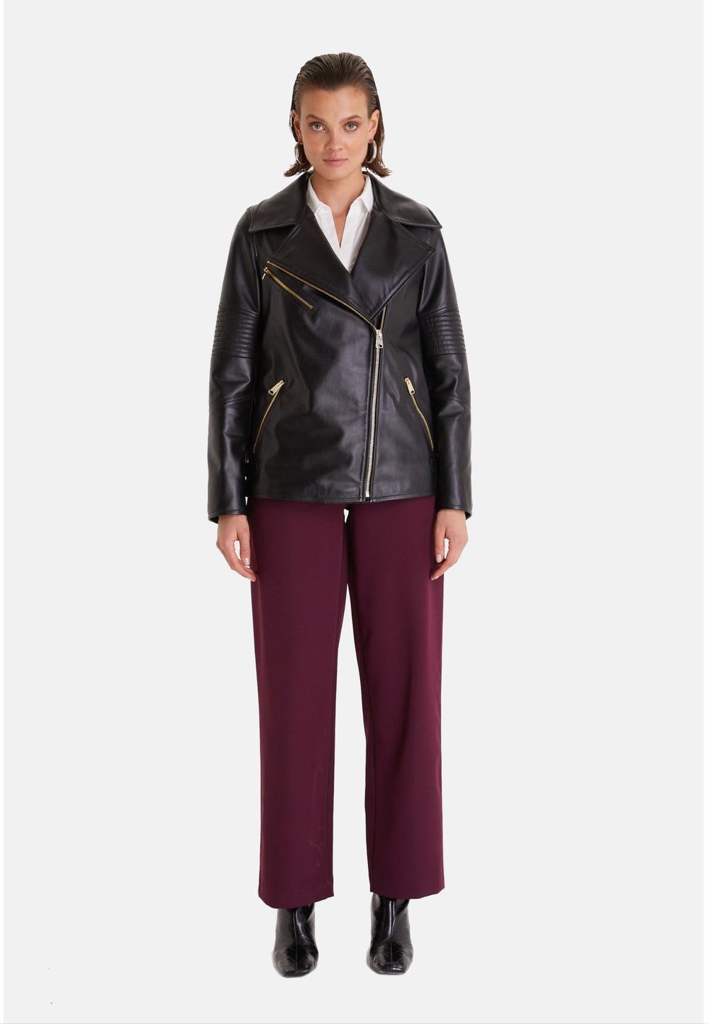 Woman wearing black leather jacket