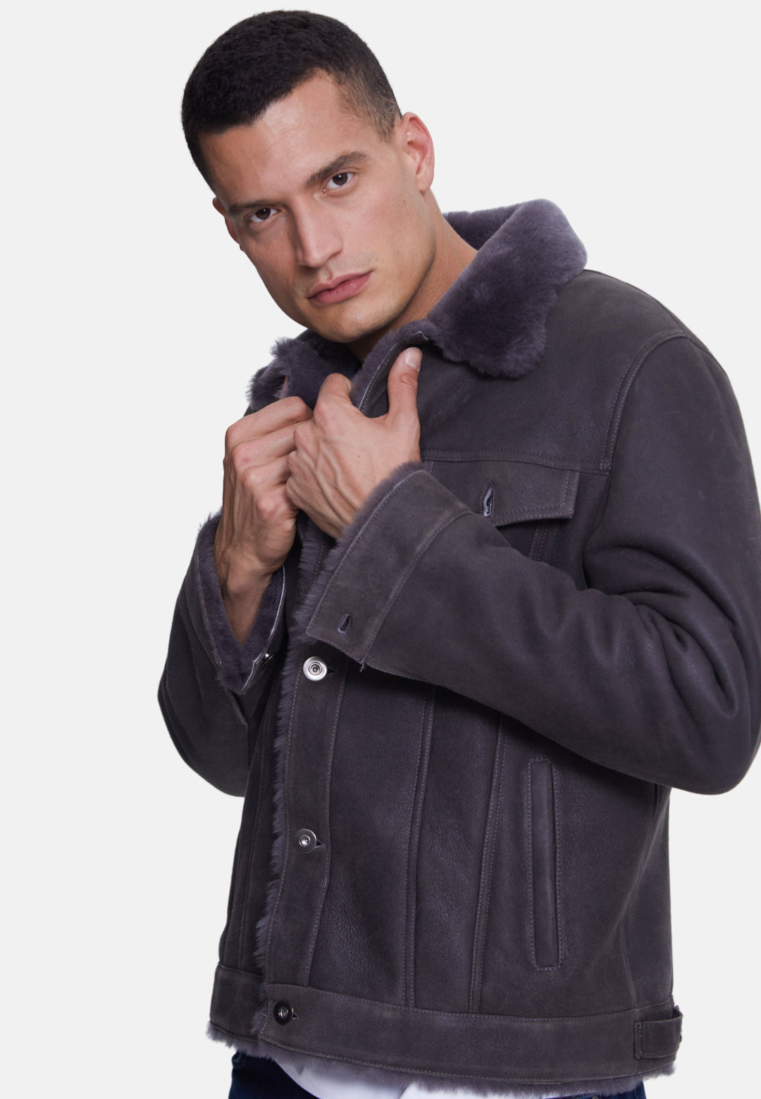 Man wearing black suede shearling jacket