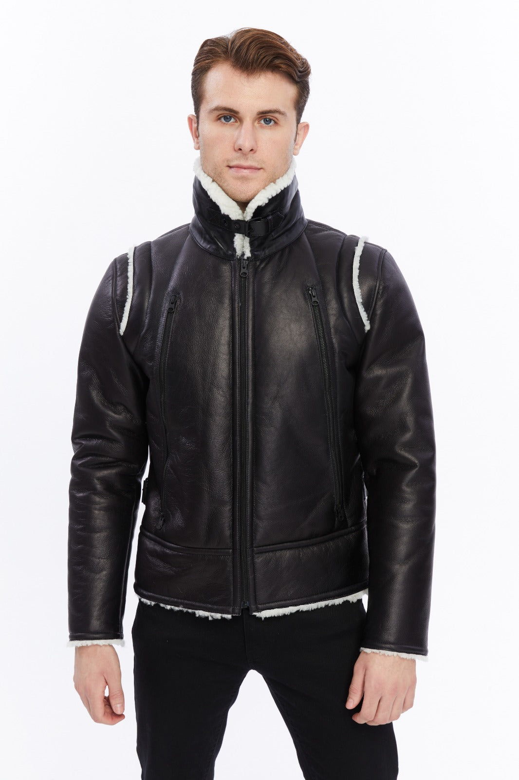 Man wearing black shearling jacket