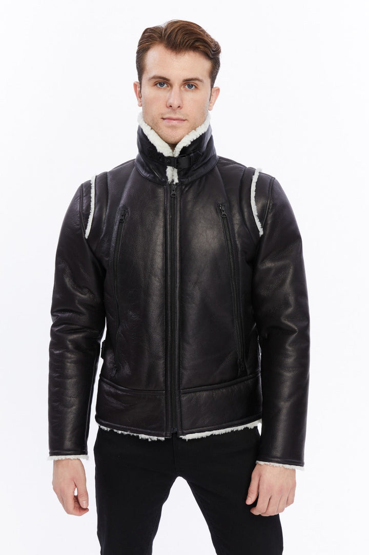 Man wearing black shearling jacket
