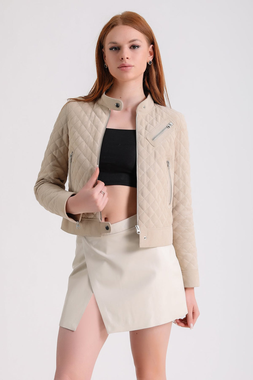 Beige quilted suede cropped jacket