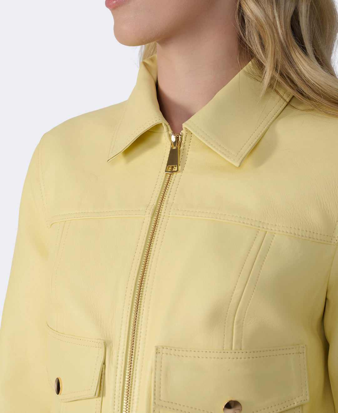 Pale yellow leather jacket close-up