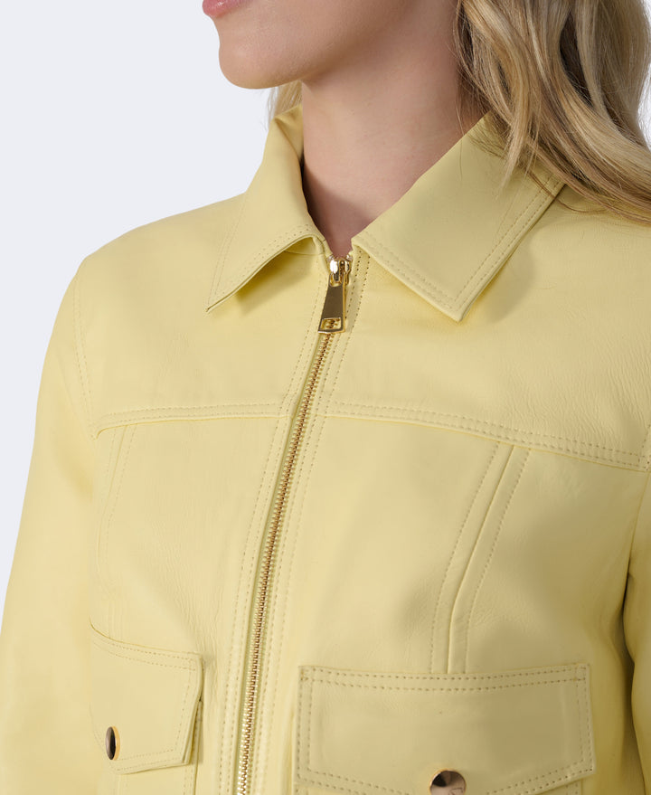 Pale yellow leather jacket close-up