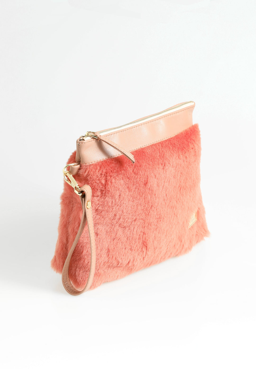 Brick-pink shearling wristlet clutch