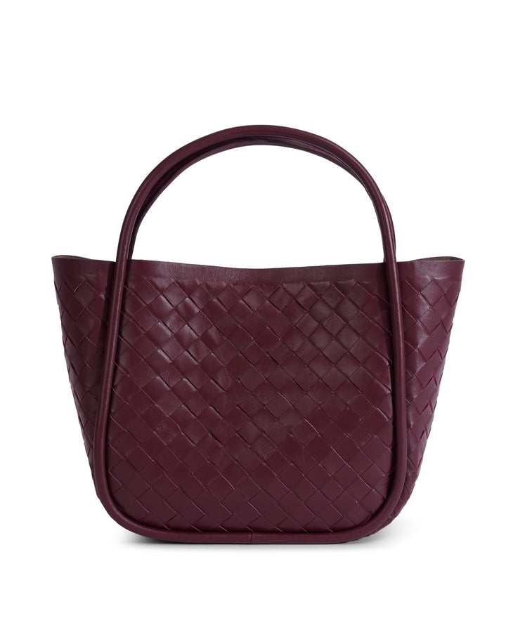 Burgundy woven leather top-handle tote