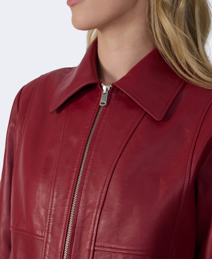 Close-up detail of Daisy light burgundy leather jacket collar and silver zip fastening