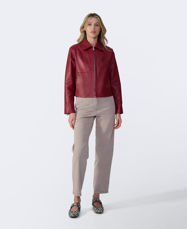 Daisy light burgundy leather jacket with cropped silhouette by FURNIQ UK