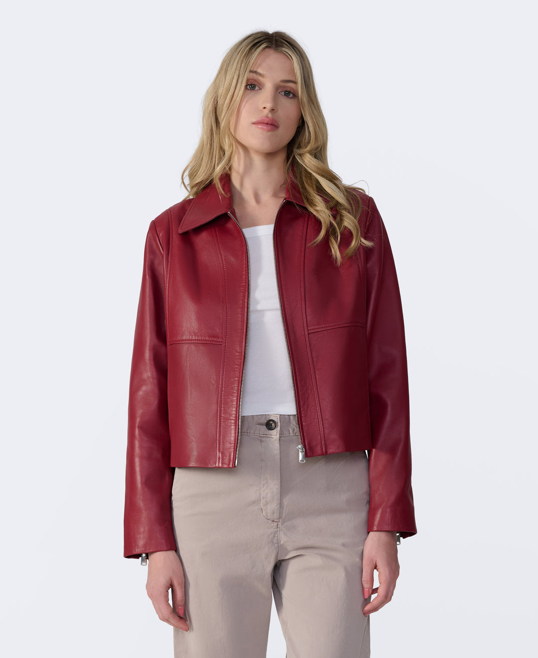 Daisy light burgundy leather jacket with cropped silhouette by FURNIQ UK