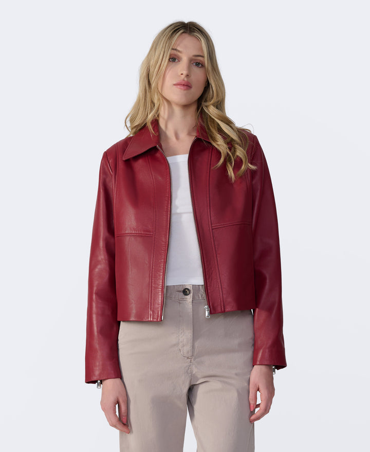 Daisy light burgundy leather jacket with cropped silhouette by FURNIQ UK