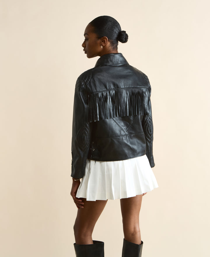 Back view of Dakota black fringed leather jacket with leather fringe detail