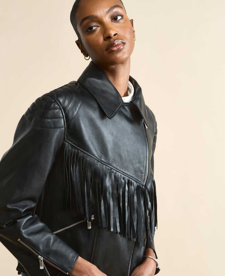 Close-up of Dakota black fringed leather jacket with oversized collar and fringe