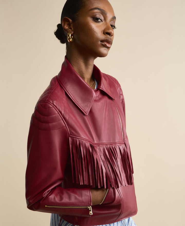 Dakota light burgundy fringed leather jacket in 100% British leather