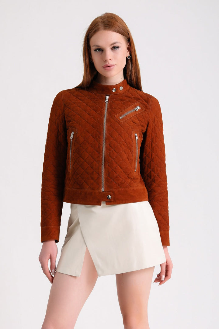 Rust quilted suede jacket on model