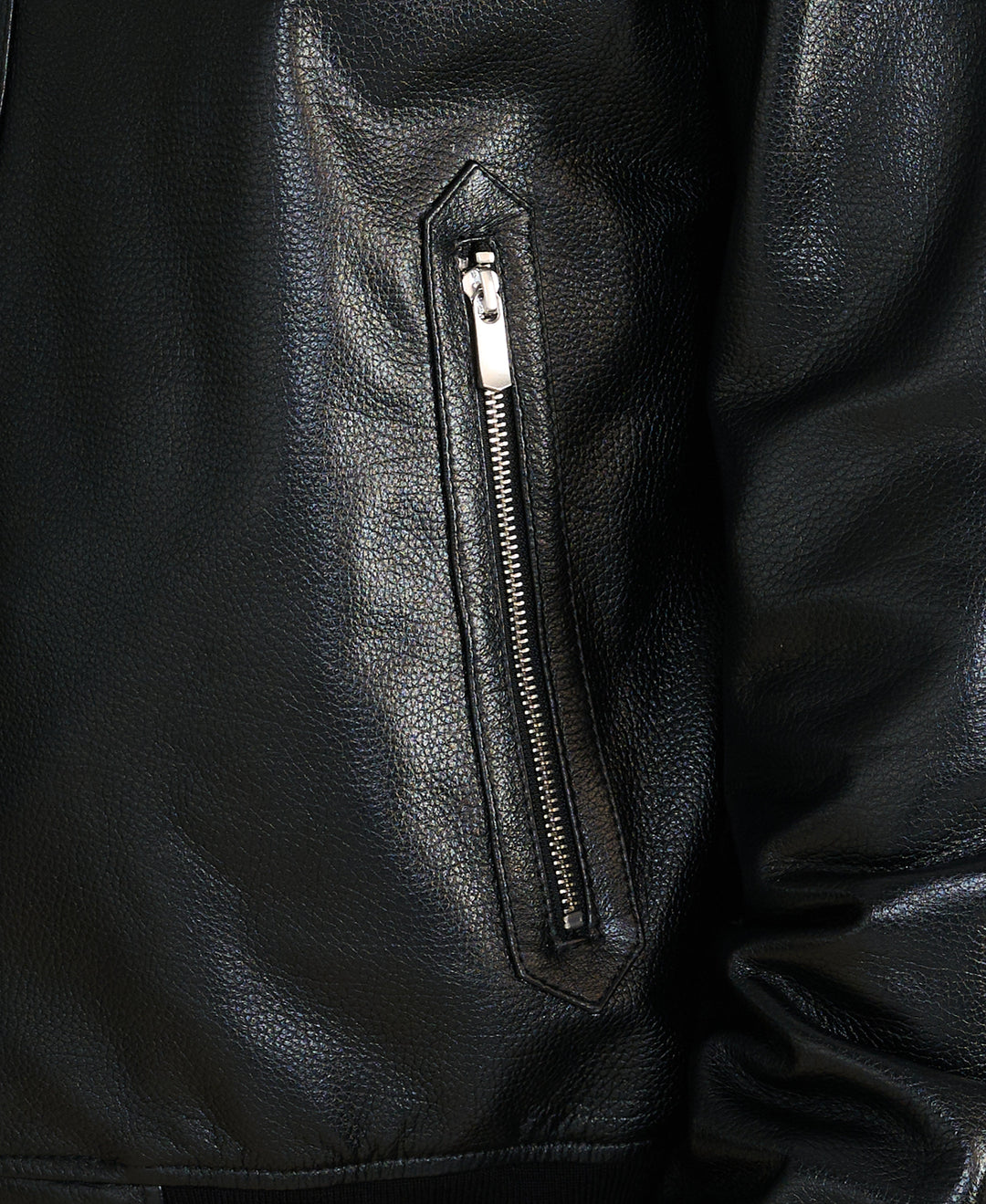 Black leather jacket zipper pocket close-up