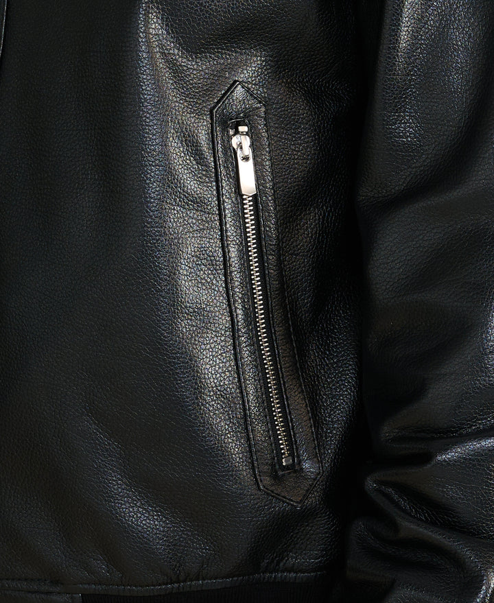 Black leather jacket zipper pocket close-up