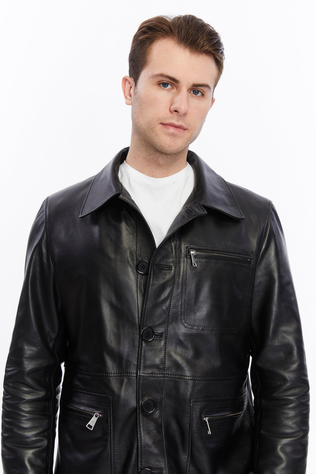 Male model wearing black leather jacket