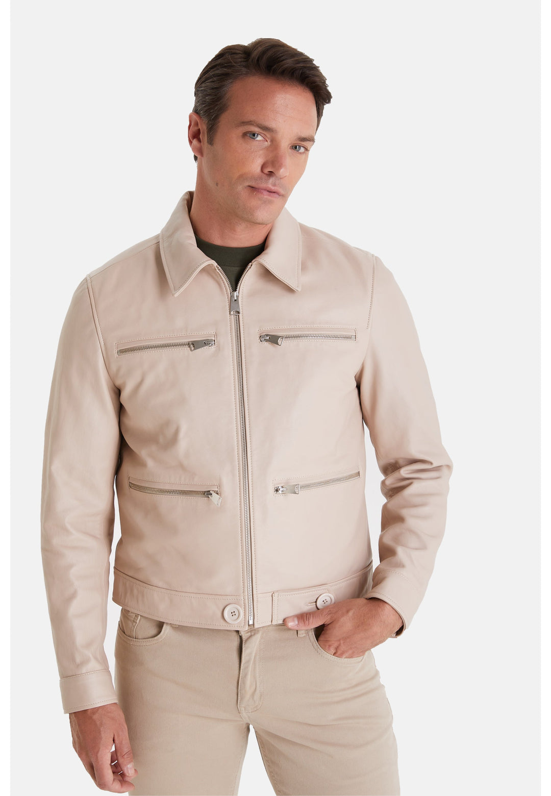 Man wearing beige leather jacket