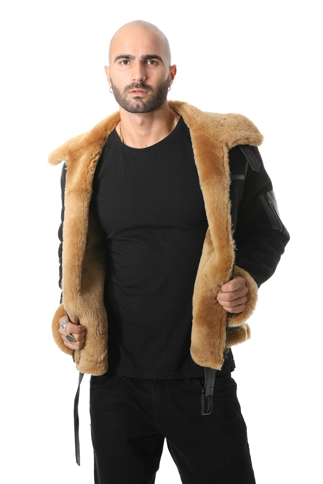 Man wearing tan-shearling pilot jacket