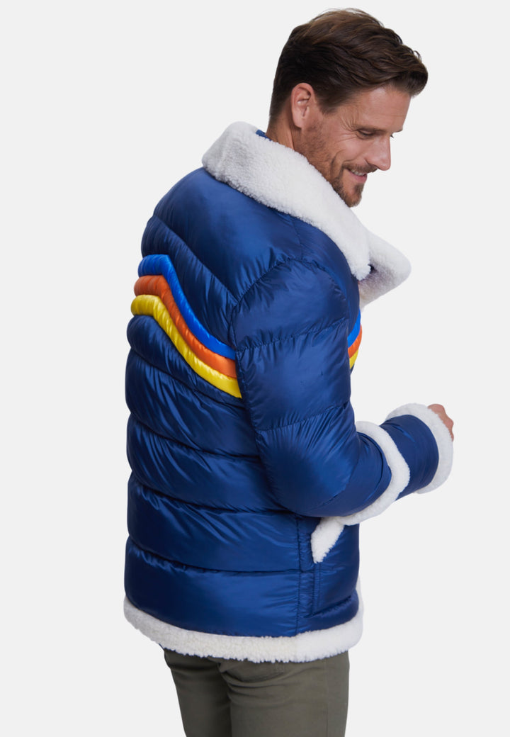 Man wearing blue shearling puffer