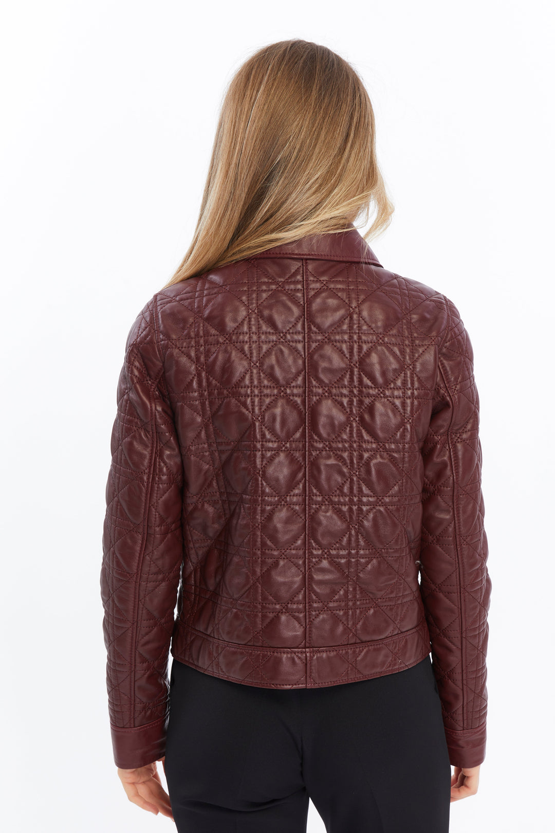 Burgundy quilted leather jacket - back view