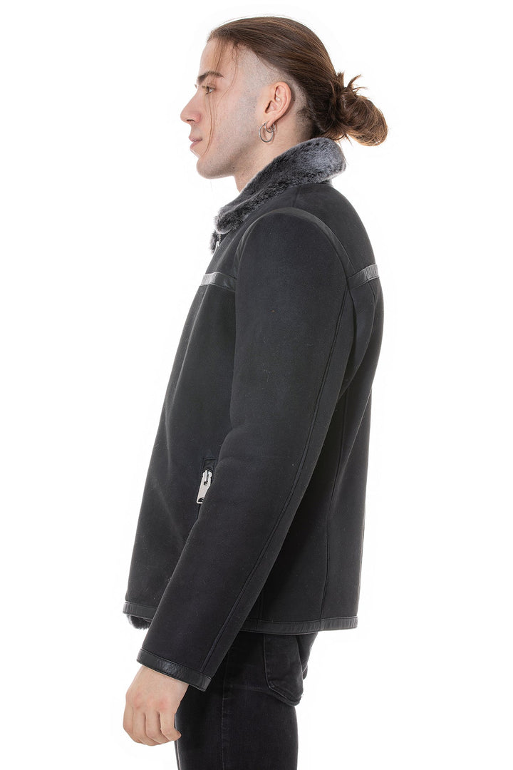 Male model wearing black sheepskin jacket