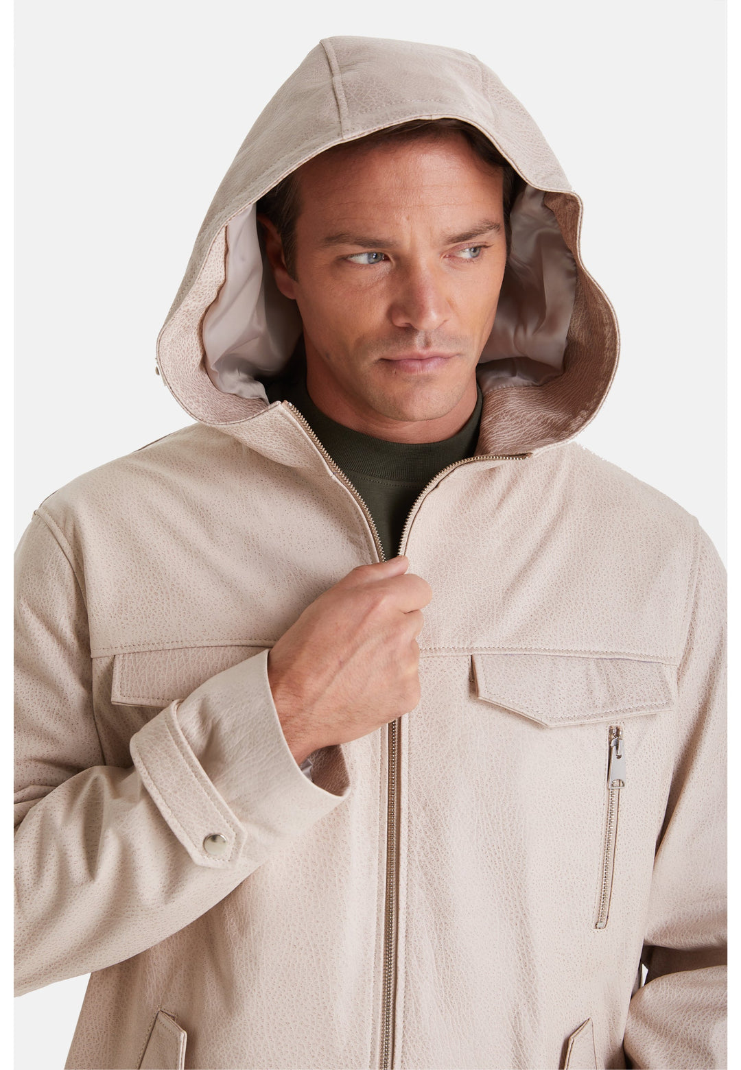 Man wearing beige leather hooded jacket