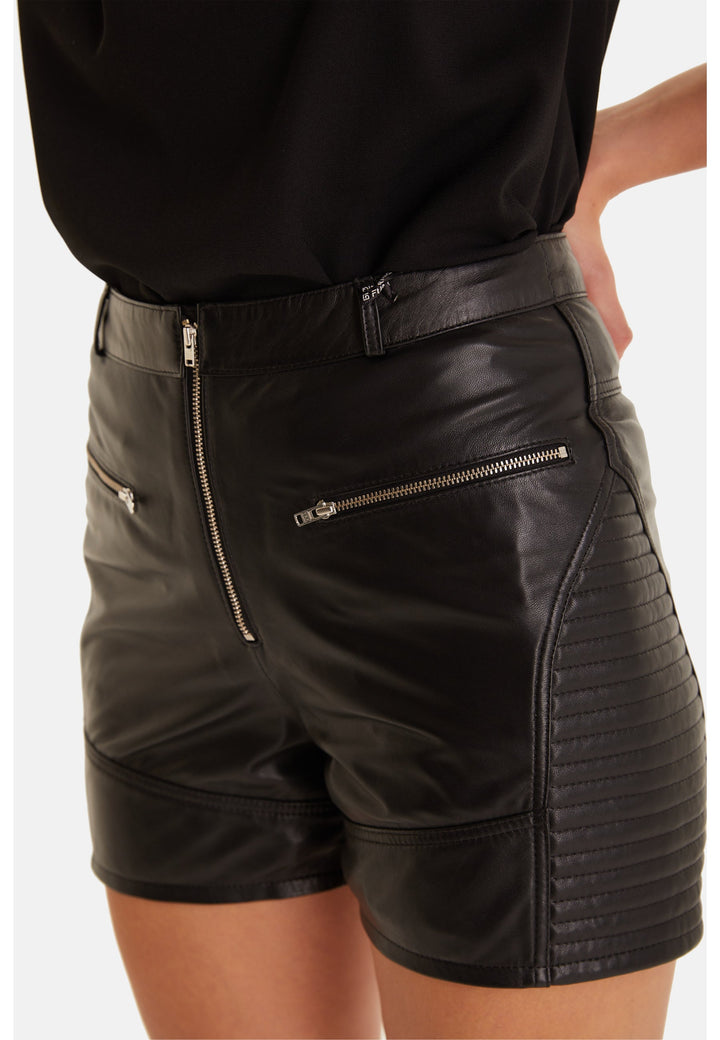 Black leather women's shorts with zips