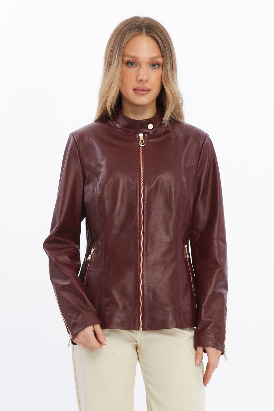 Woman wearing burgundy leather jacket