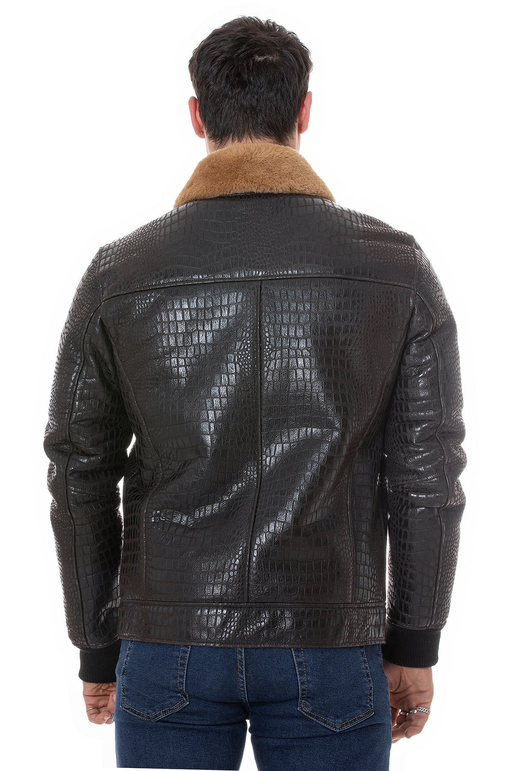 Rear view black shearling jacket