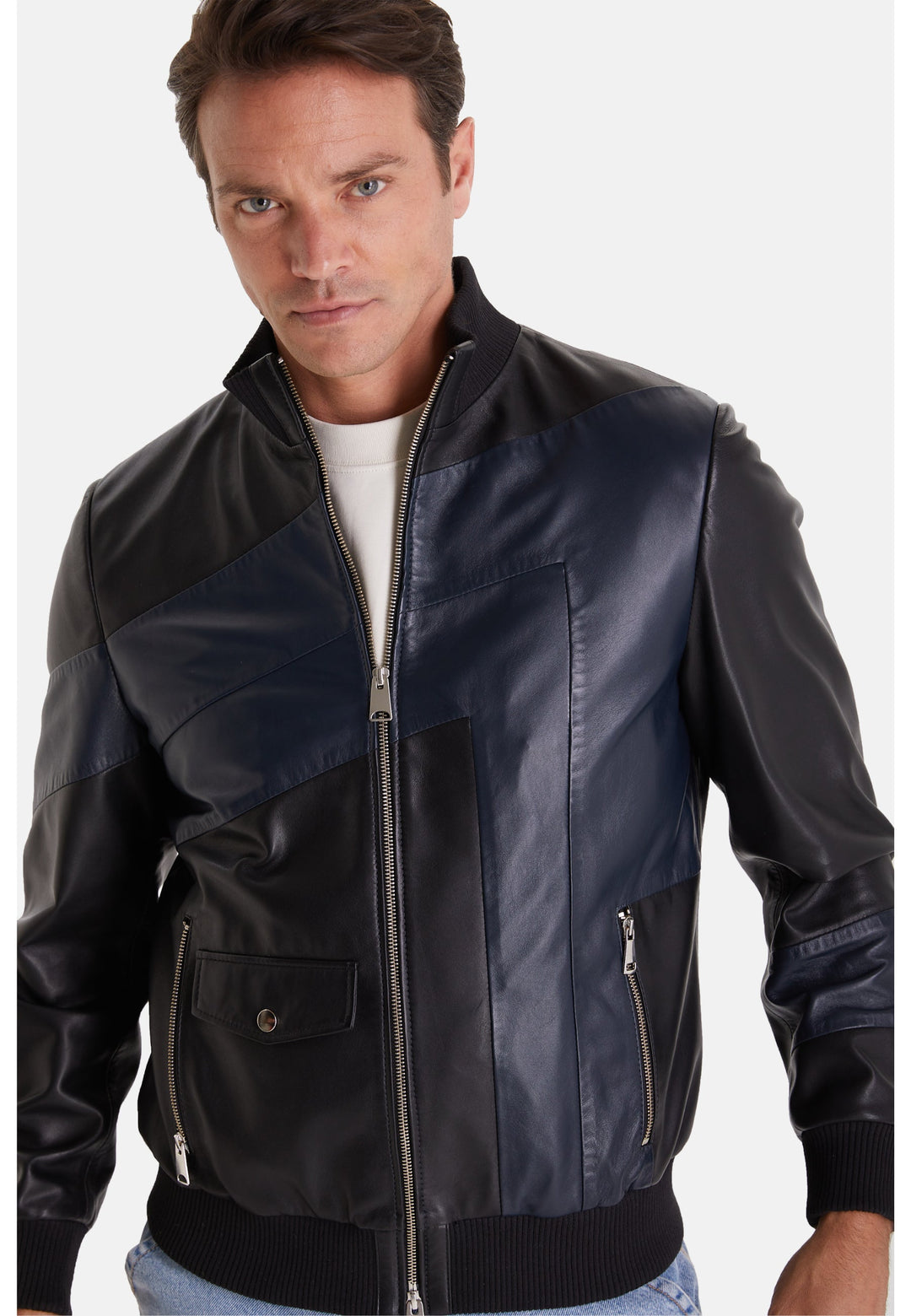 Men's black and navy leather jacket