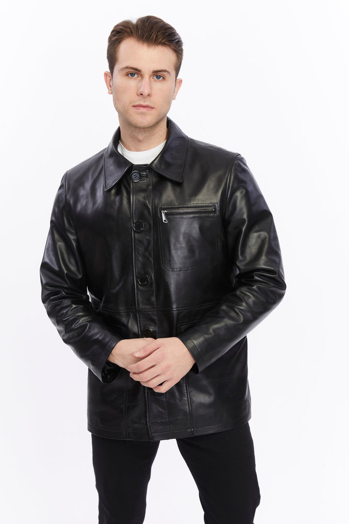 Man wearing black leather jacket