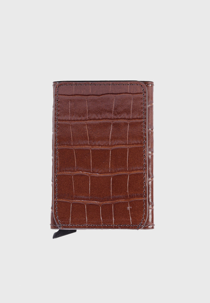 Brown crocodile-pattern leather card holder