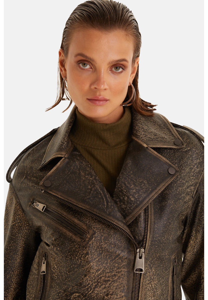 Woman wearing distressed dark leather jacket