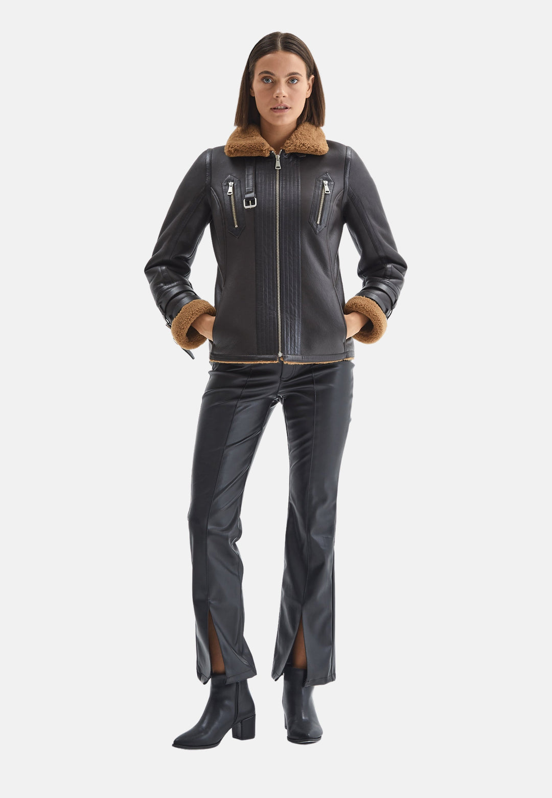 Woman wearing brown sheepskin jacket