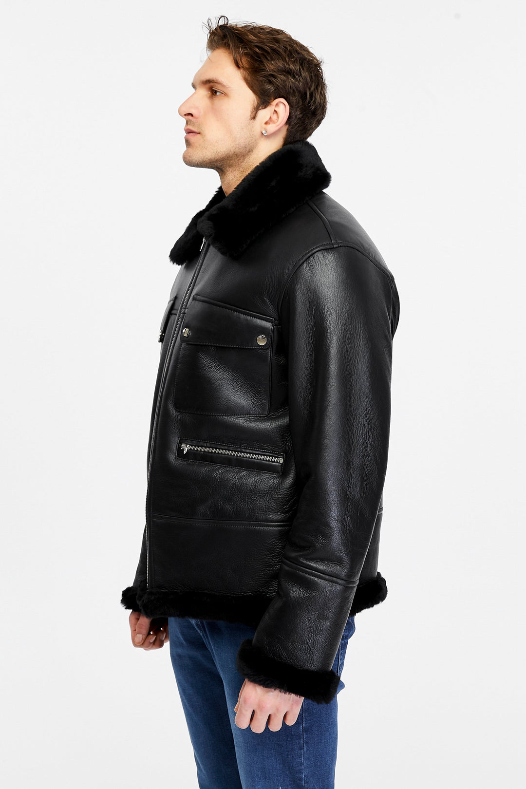 Man wearing black shearling leather jacket