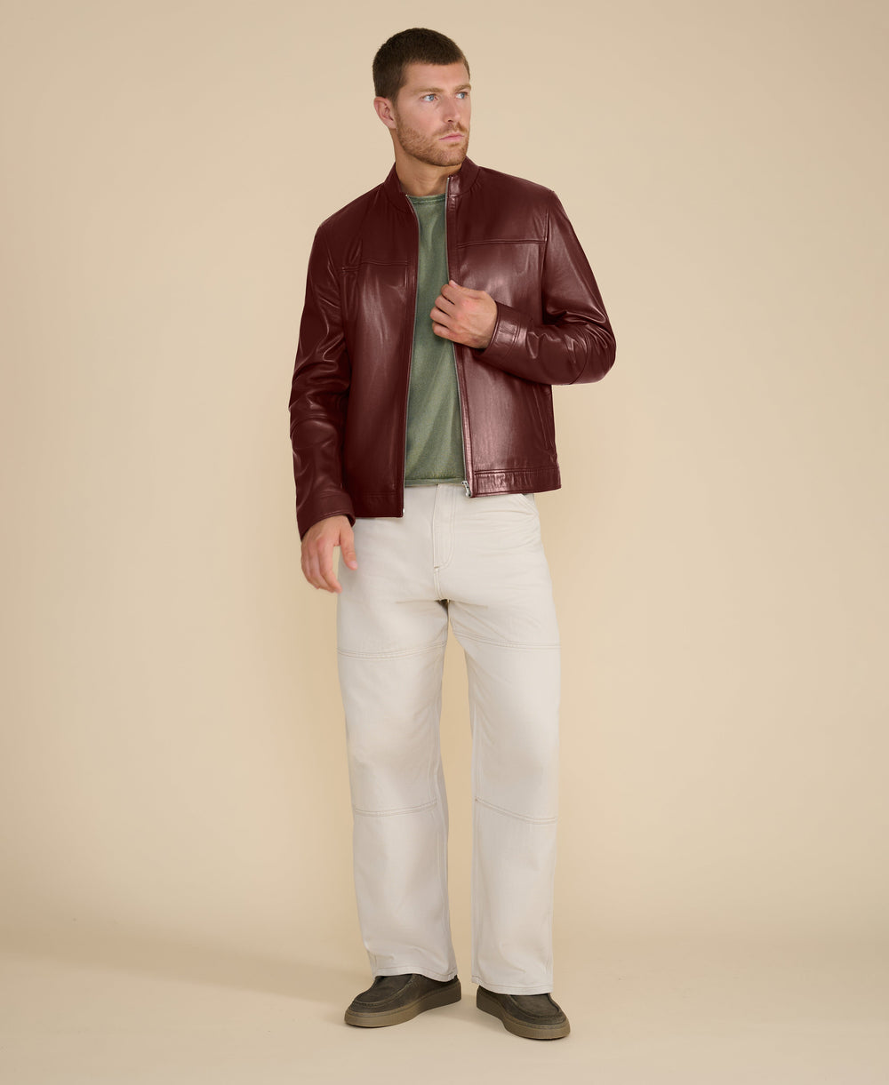 Burgundy leather racer jacket on model