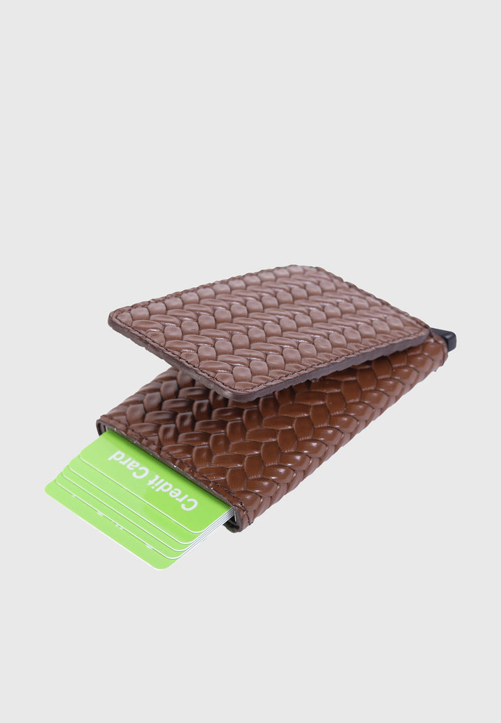 Brown woven genuine leather card holder