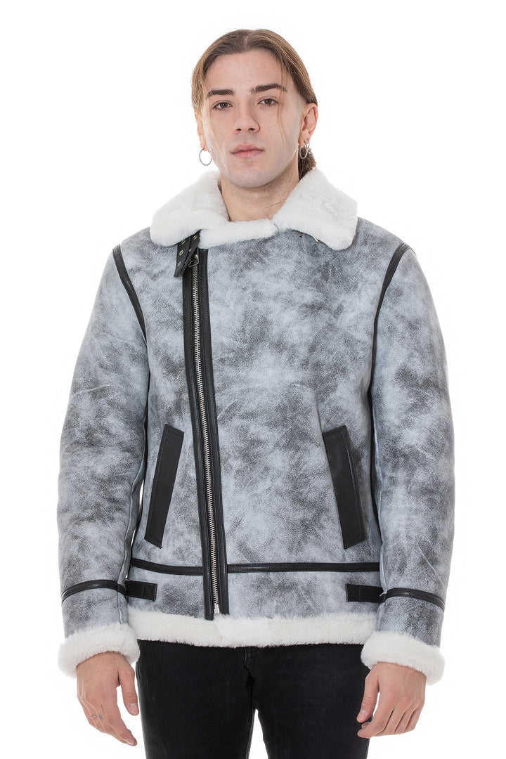 Gray shearling jacket on model