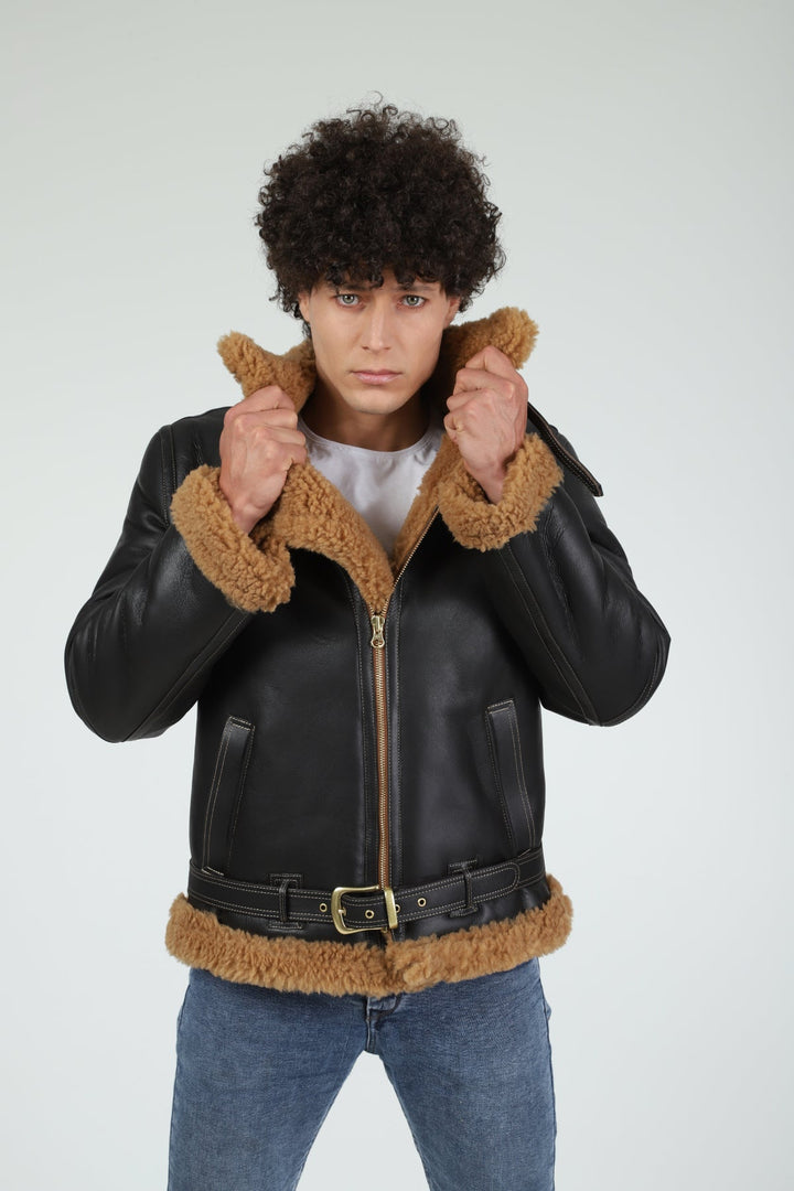 Man wearing black sheepskin aviator jacket