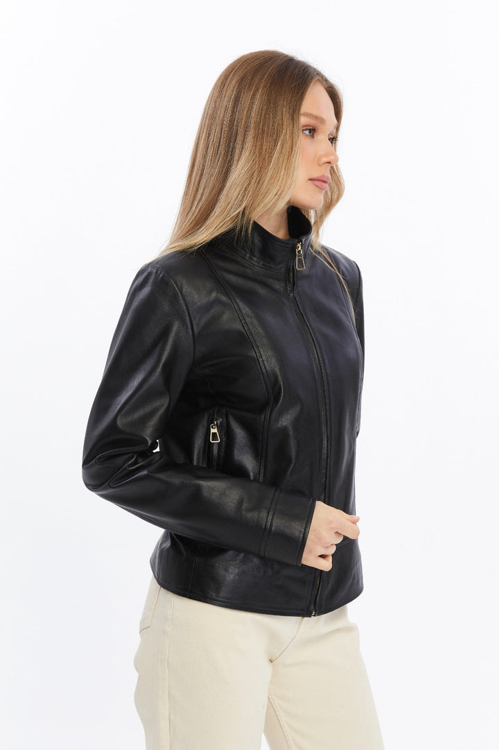 Woman wearing black leather jacket
