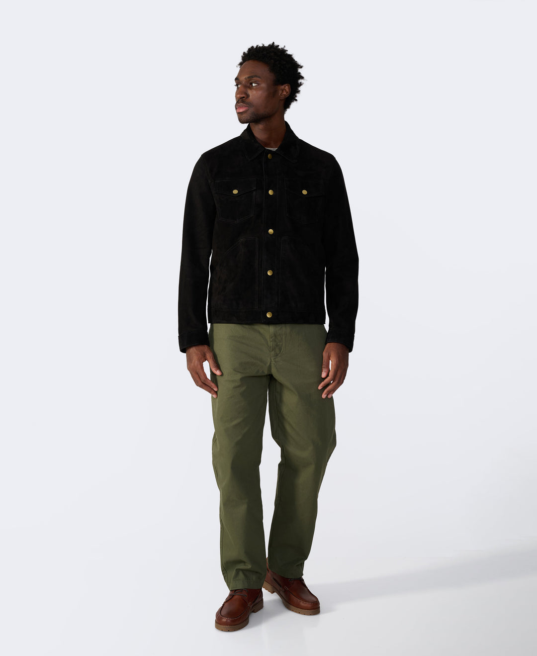 Man wearing black suede jacket