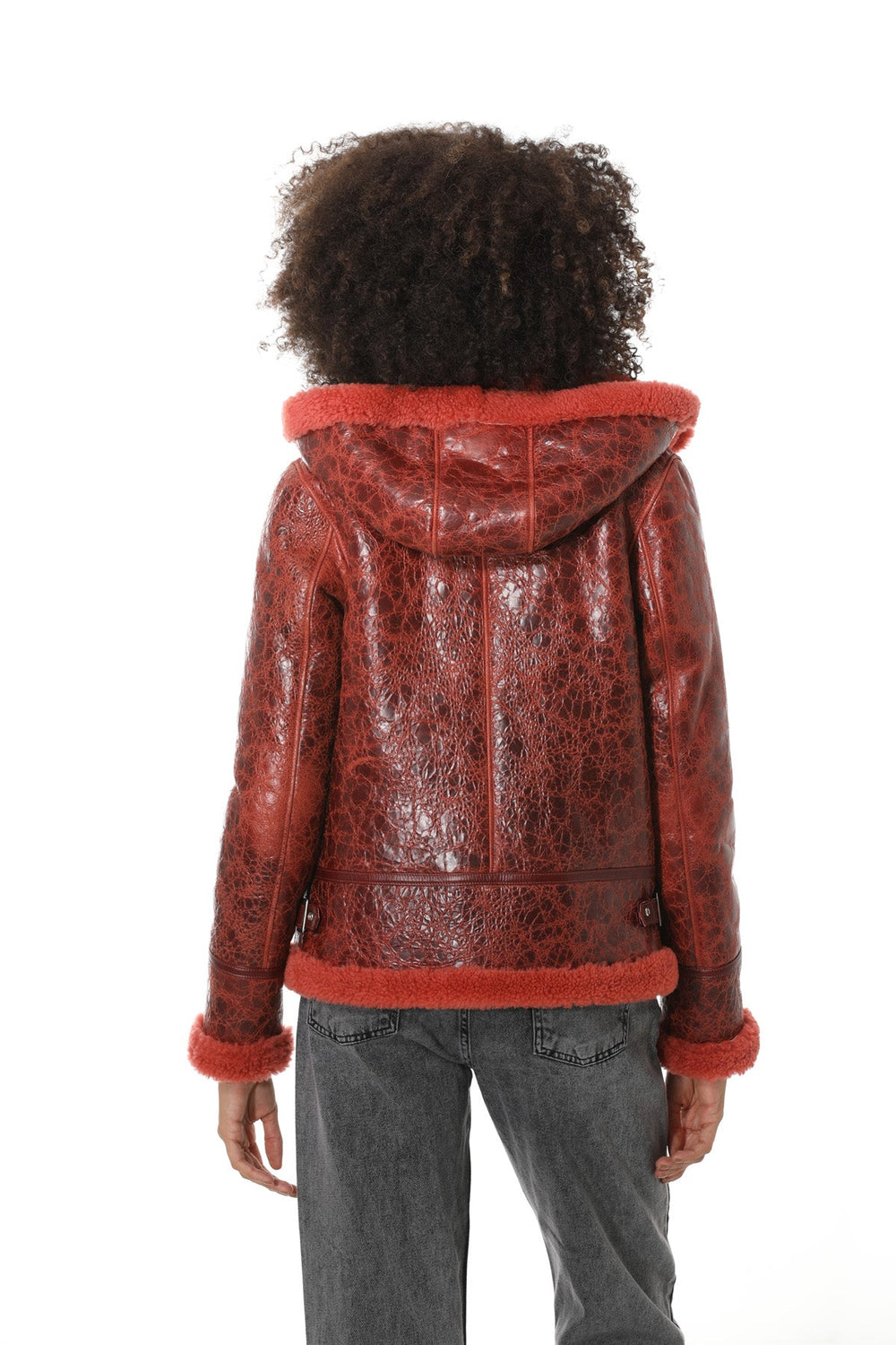Red sheepskin jacket back view
