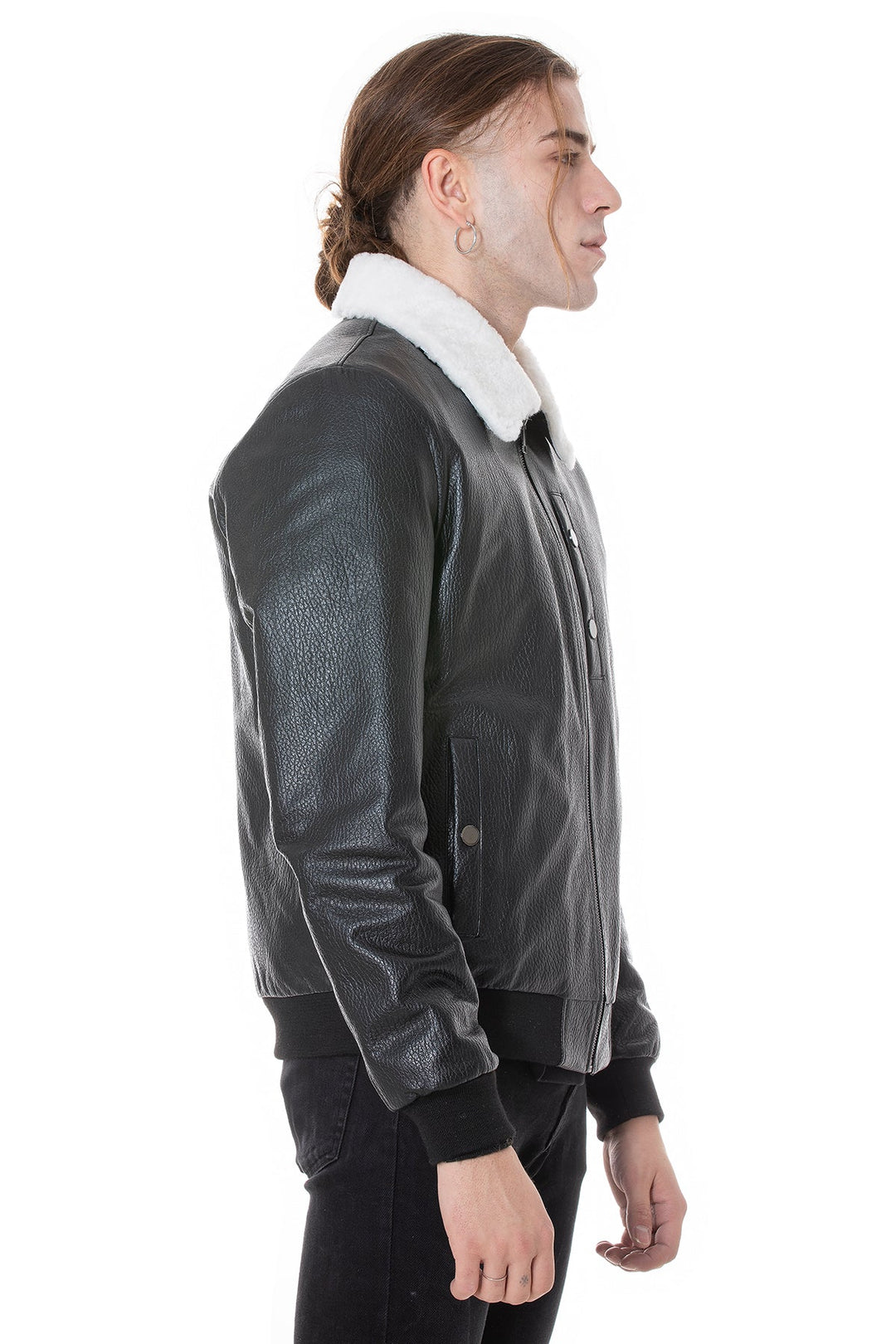 Male model wearing black leather jacket with shearling collar