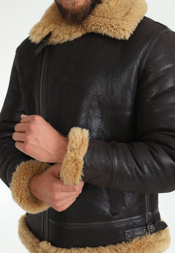 Brown sheepskin jacket with tan shearling
