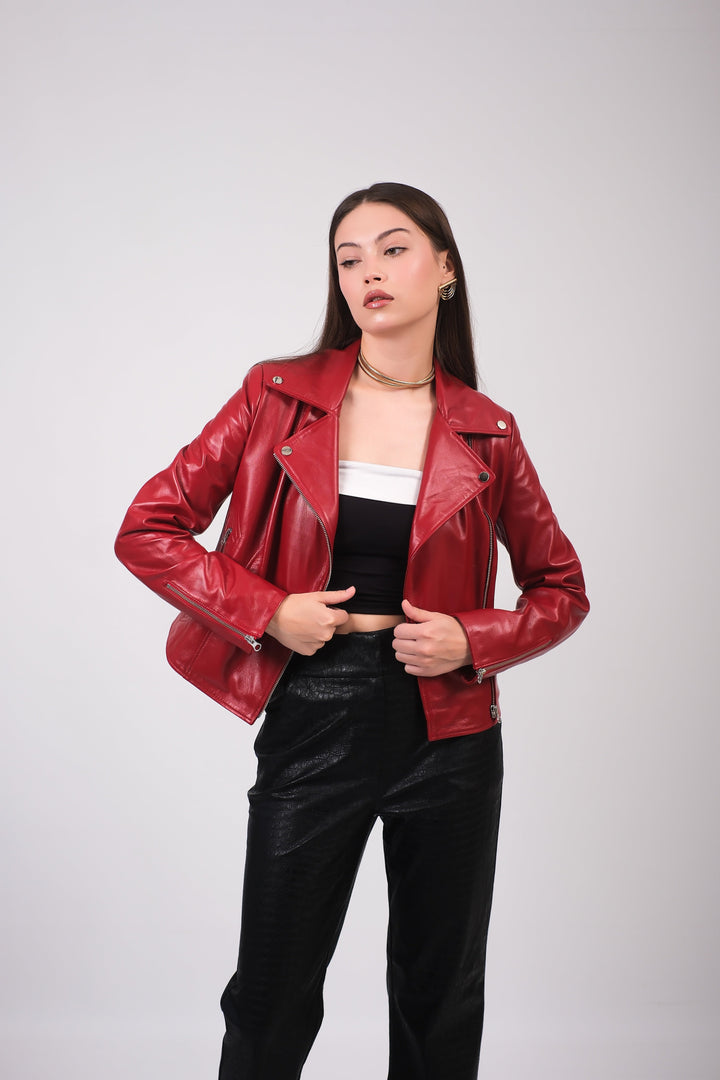 Woman wearing red leather biker jacket