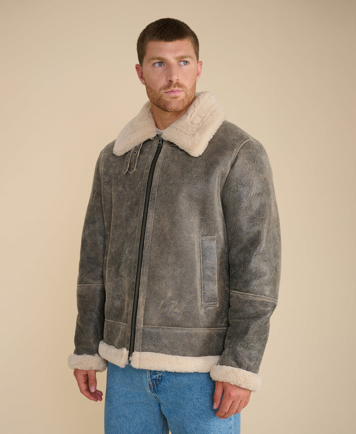 Men's grey shearling aviator jacket