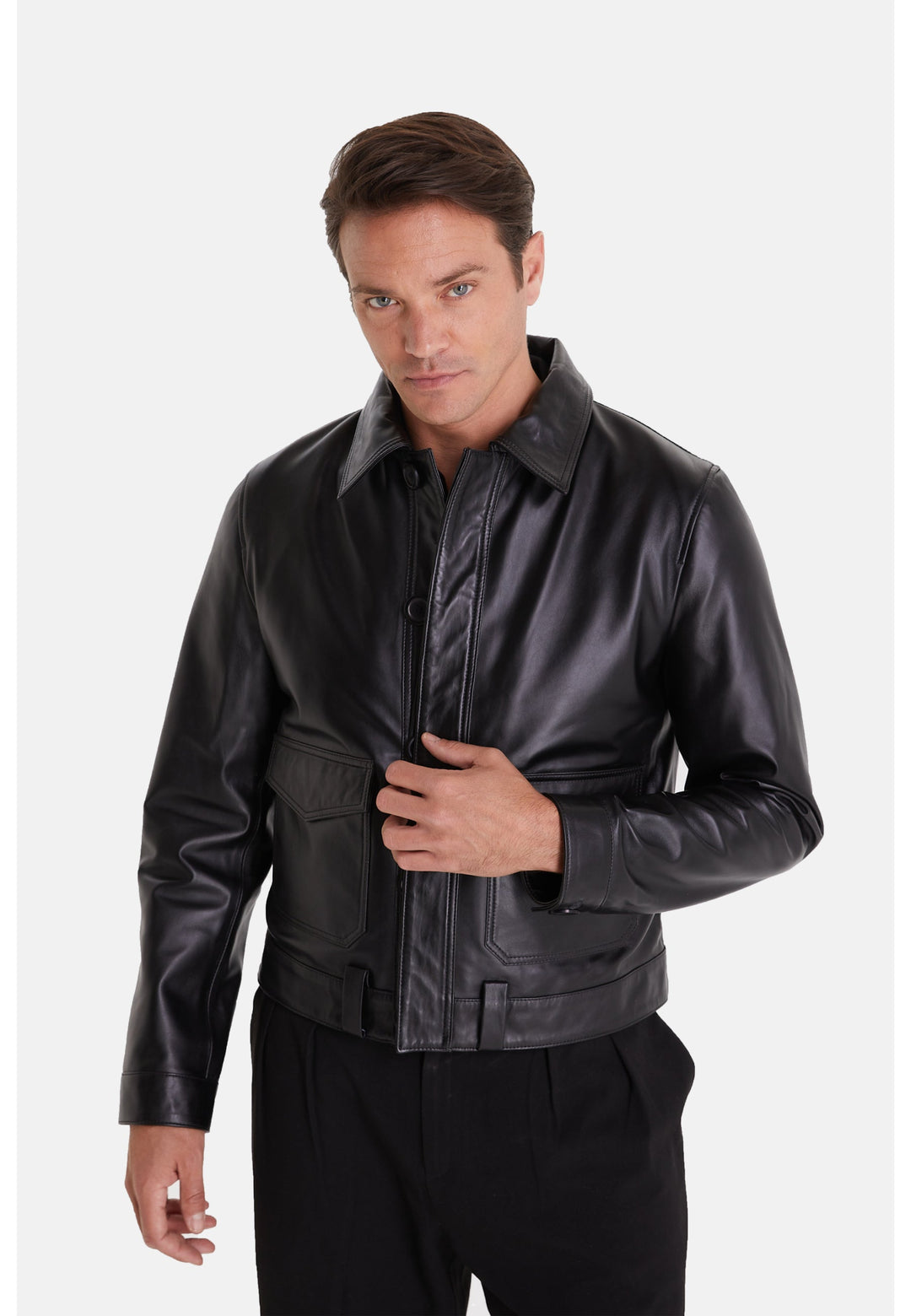 Man wearing black leather jacket